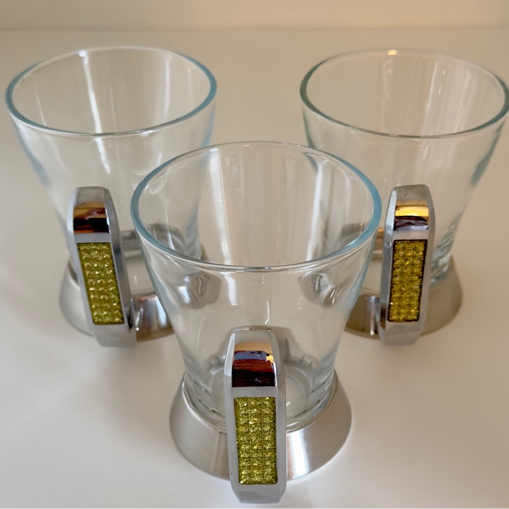 Set of Three Glass Silver Stainless Steel Gold Rhinestone Handle Coffee Tea Mugs